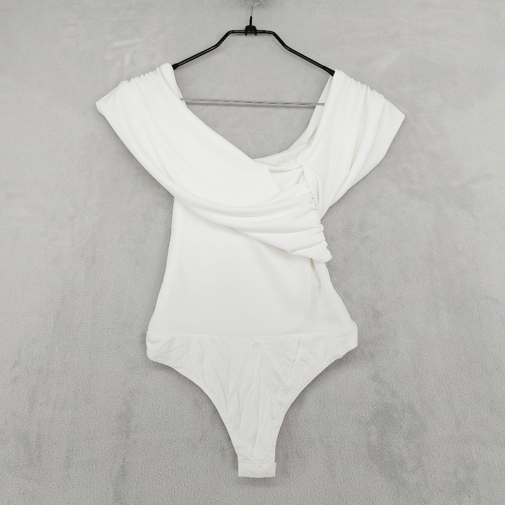 Wayf White Draped Off-Shoulder Bodysuit